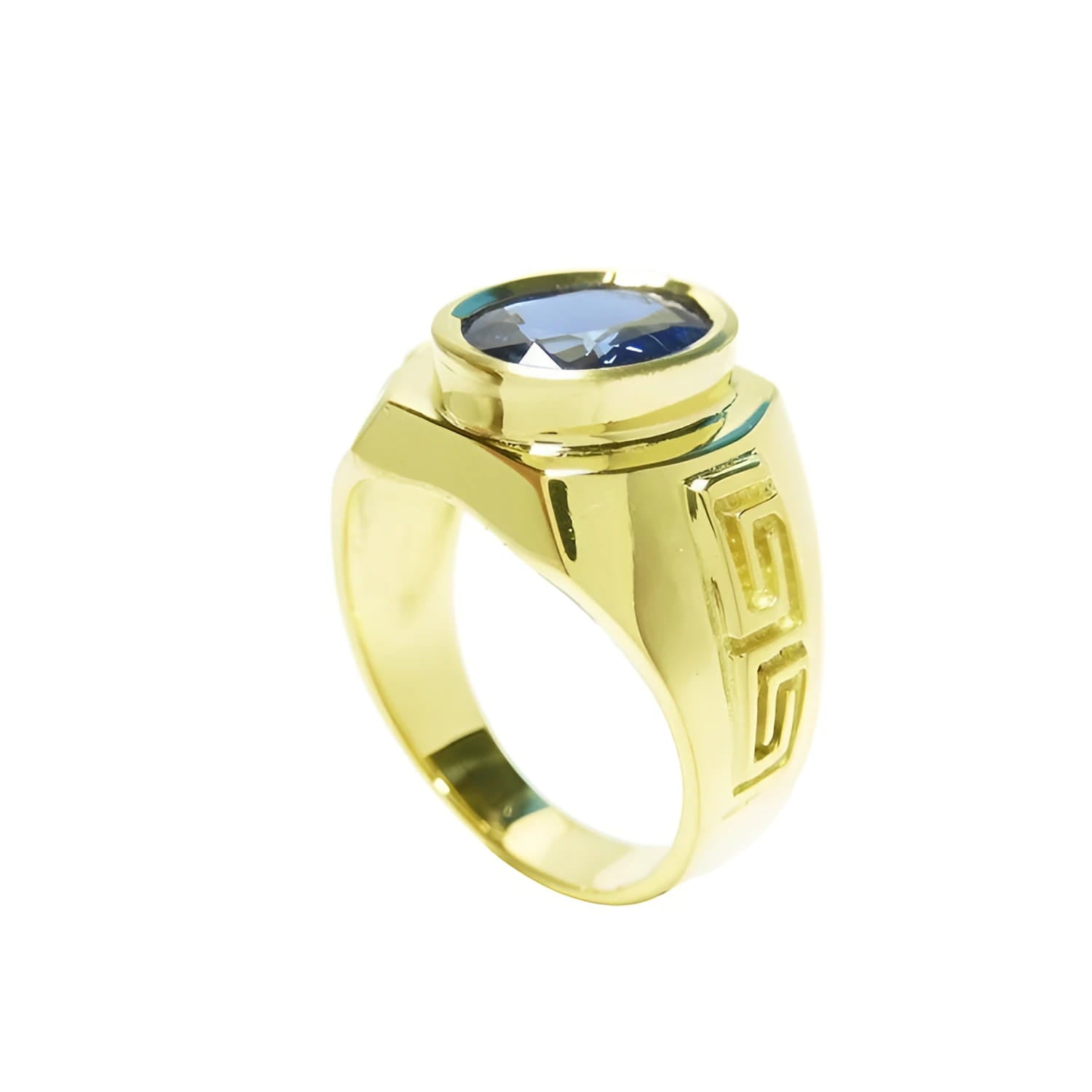 Men's 18K yellow gold ring with an oval-cut blue sapphire and Greek key design.