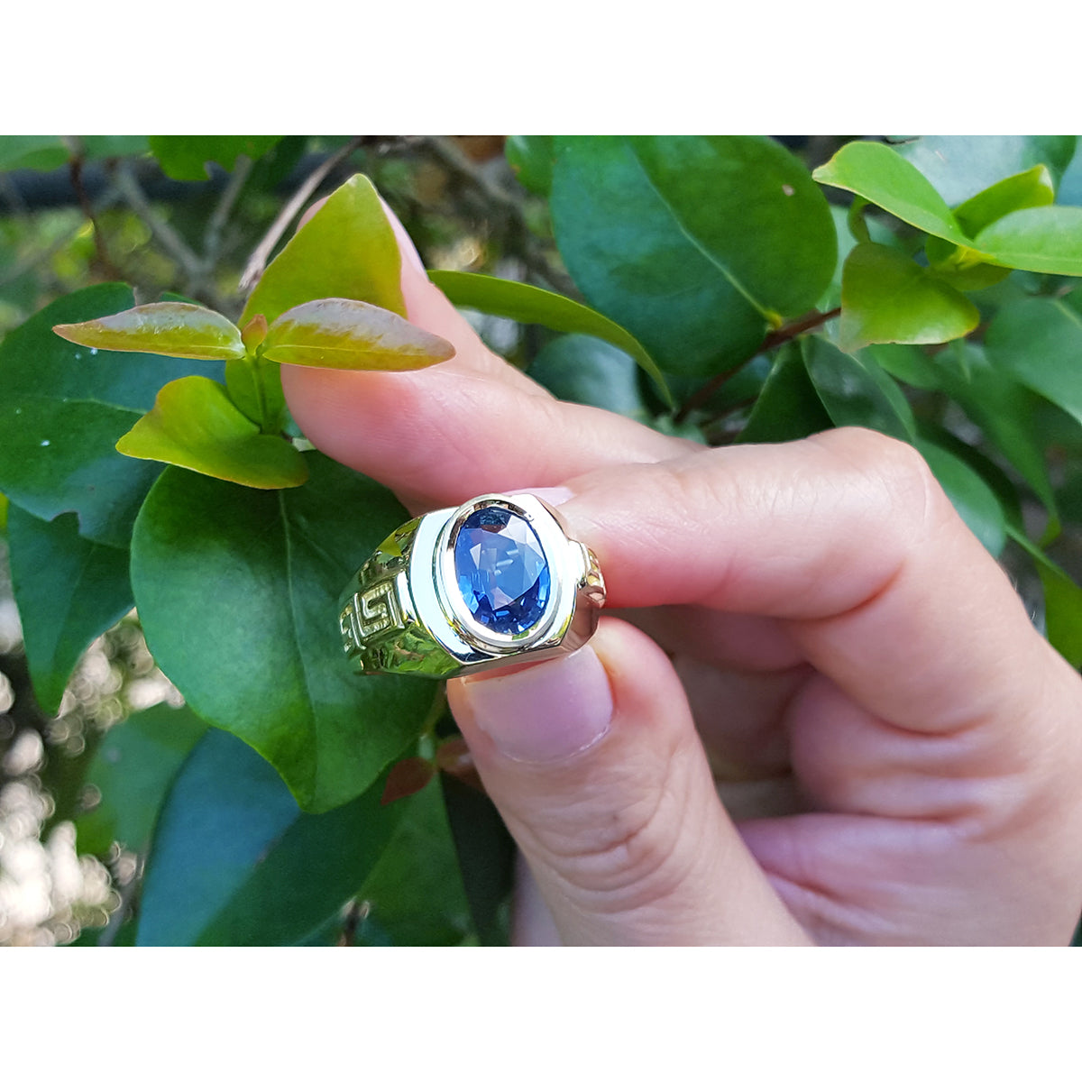 Gold ring with a blue sapphire gemstone held between fingers against a green leafy background