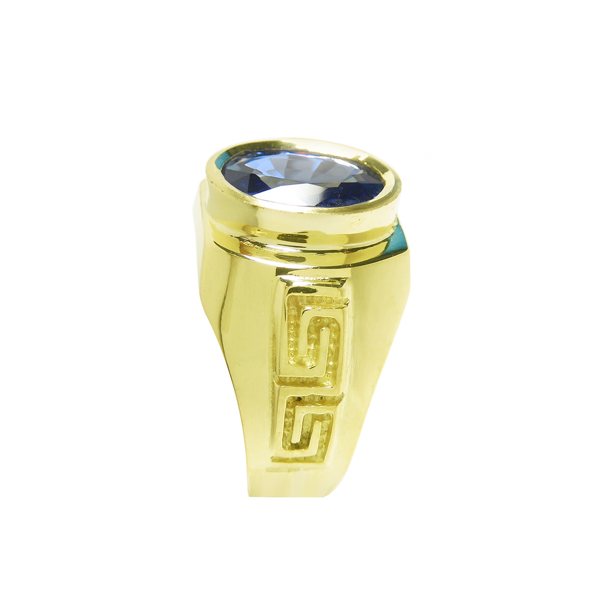 Men&#39;s genuine blue sapphire solitaire ring oval cut in 18K yellow gold, lateral side top-down perspective position
