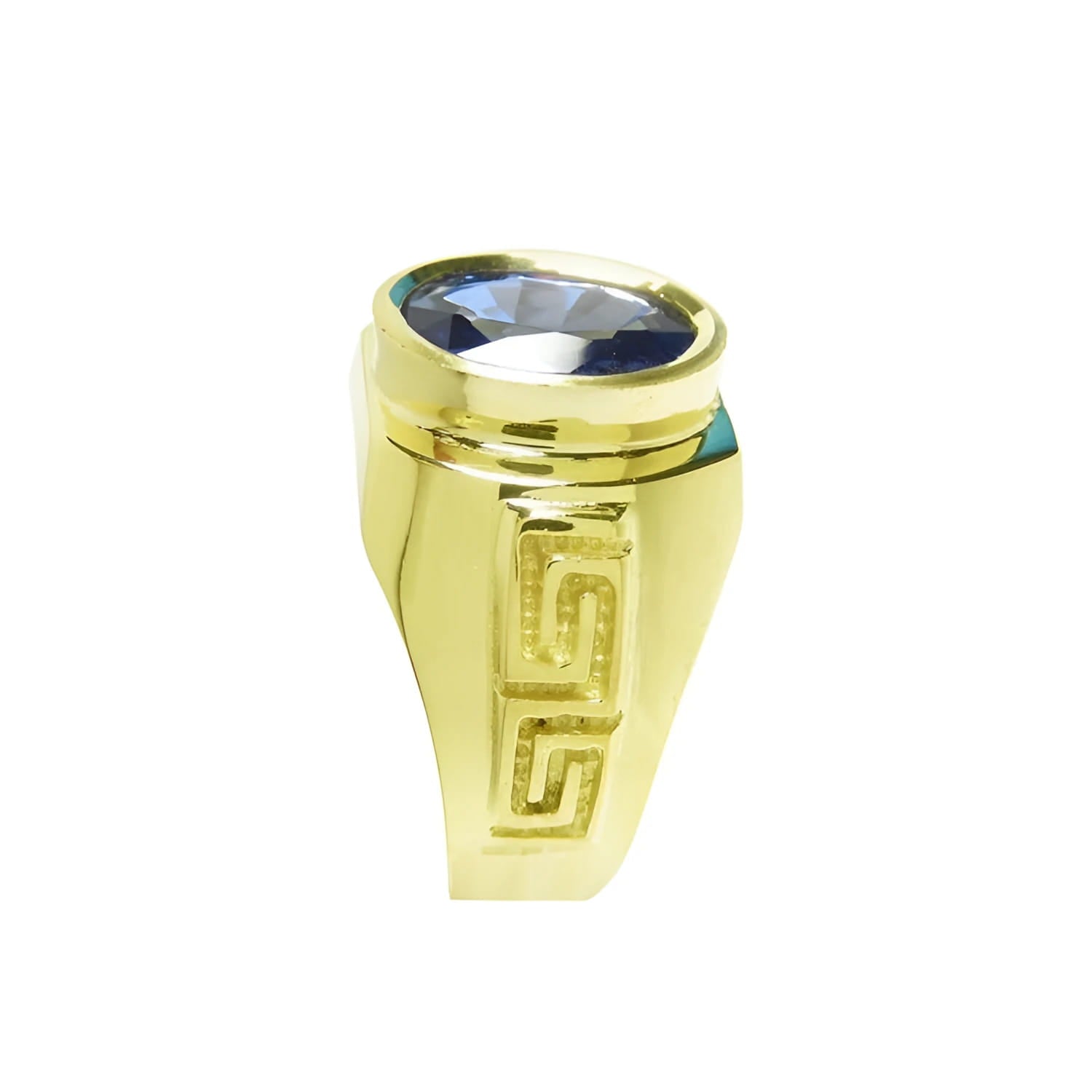 Men's 18K yellow gold ring with an oval blue sapphire, bezel set, featuring a Greek key design.