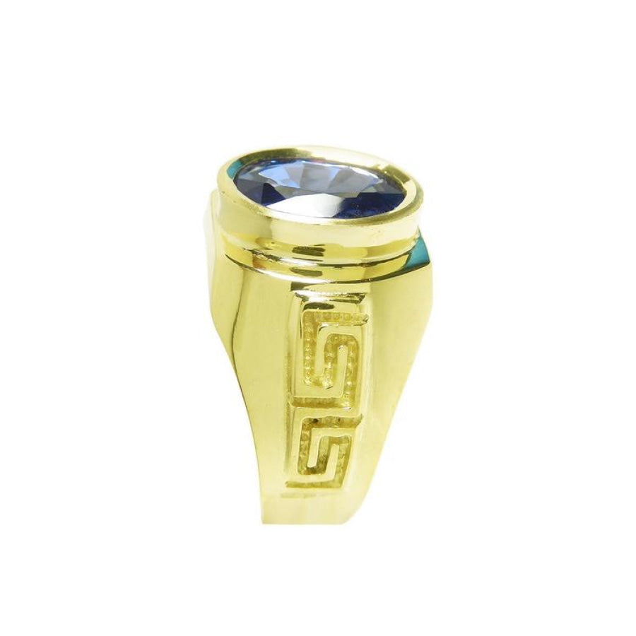 Men's 18K yellow gold ring with an oval blue sapphire, bezel set, featuring a Greek key design.