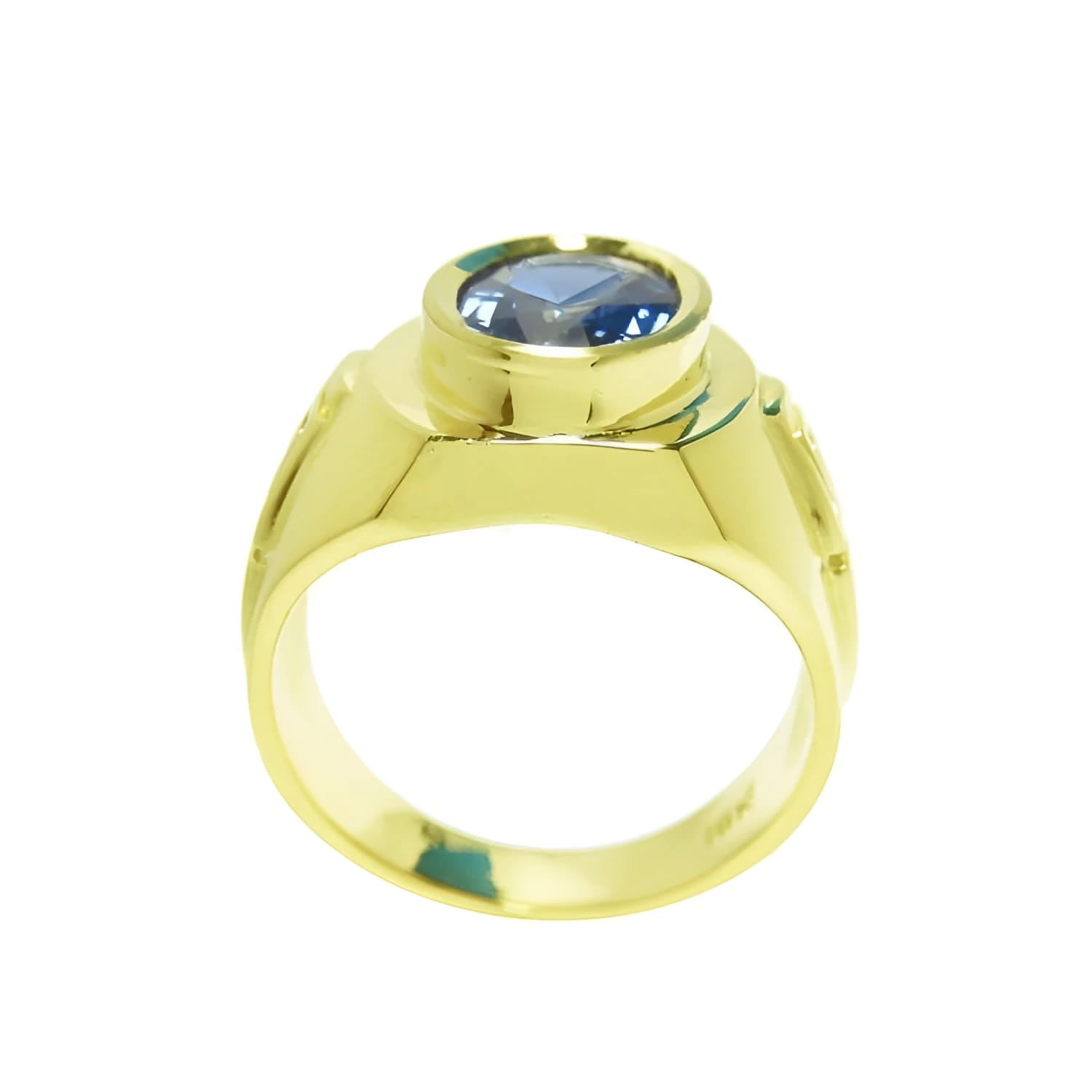 Men's 18K yellow gold ring with a bezel-set oval blue sapphire and Greek key band design.