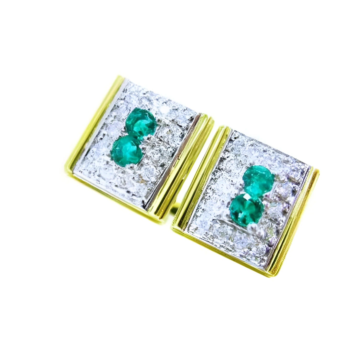 14k yellow and white gold cufflinks with natural colombian emeralds and diamonds for men. 