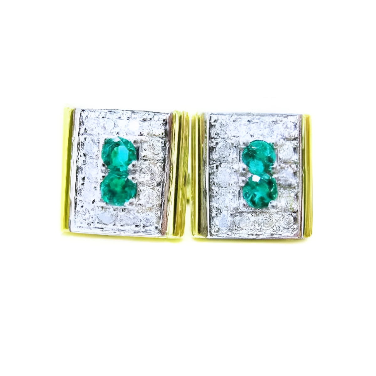 A pair of natural Colombian emerald and diamond cufflinks for men, crafted in 14k yellow and white gold.