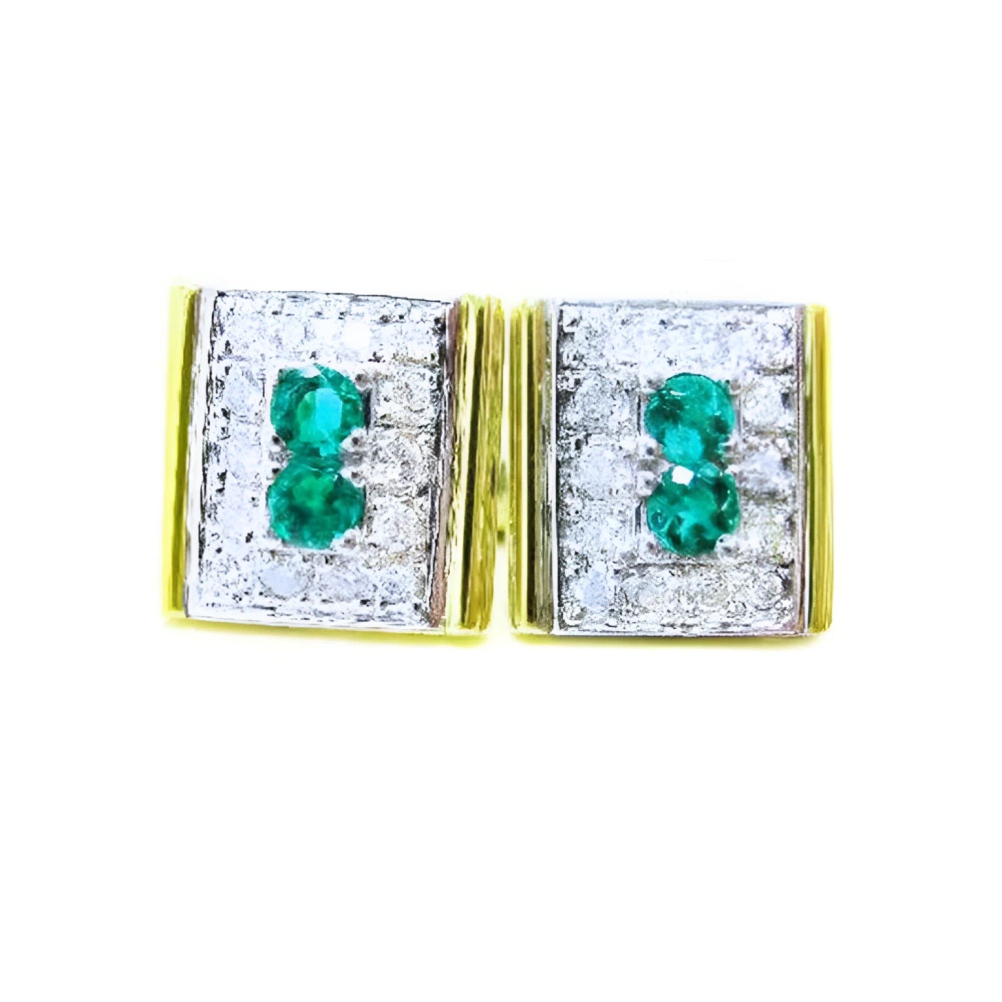 A pair of natural Colombian emerald and diamond cufflinks for men, crafted in 14k yellow and white gold.