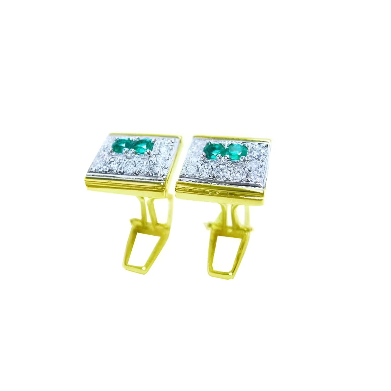 14K yellow gold men's cufflinks with two rectangular emeralds surrounded by pave diamonds.