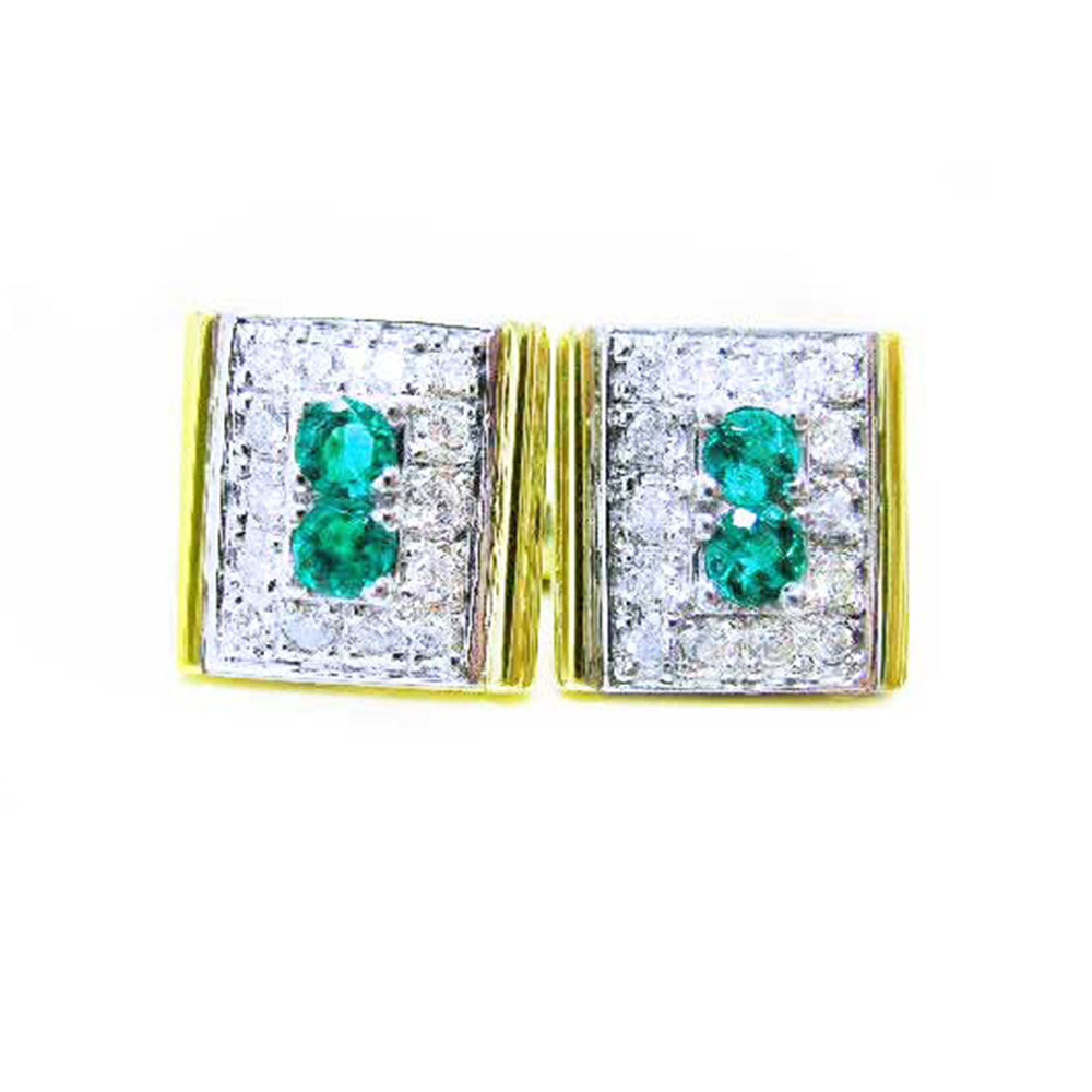 Pair of natural emerald and diamonds cufflinks for men in yellow and white gold topside view.
