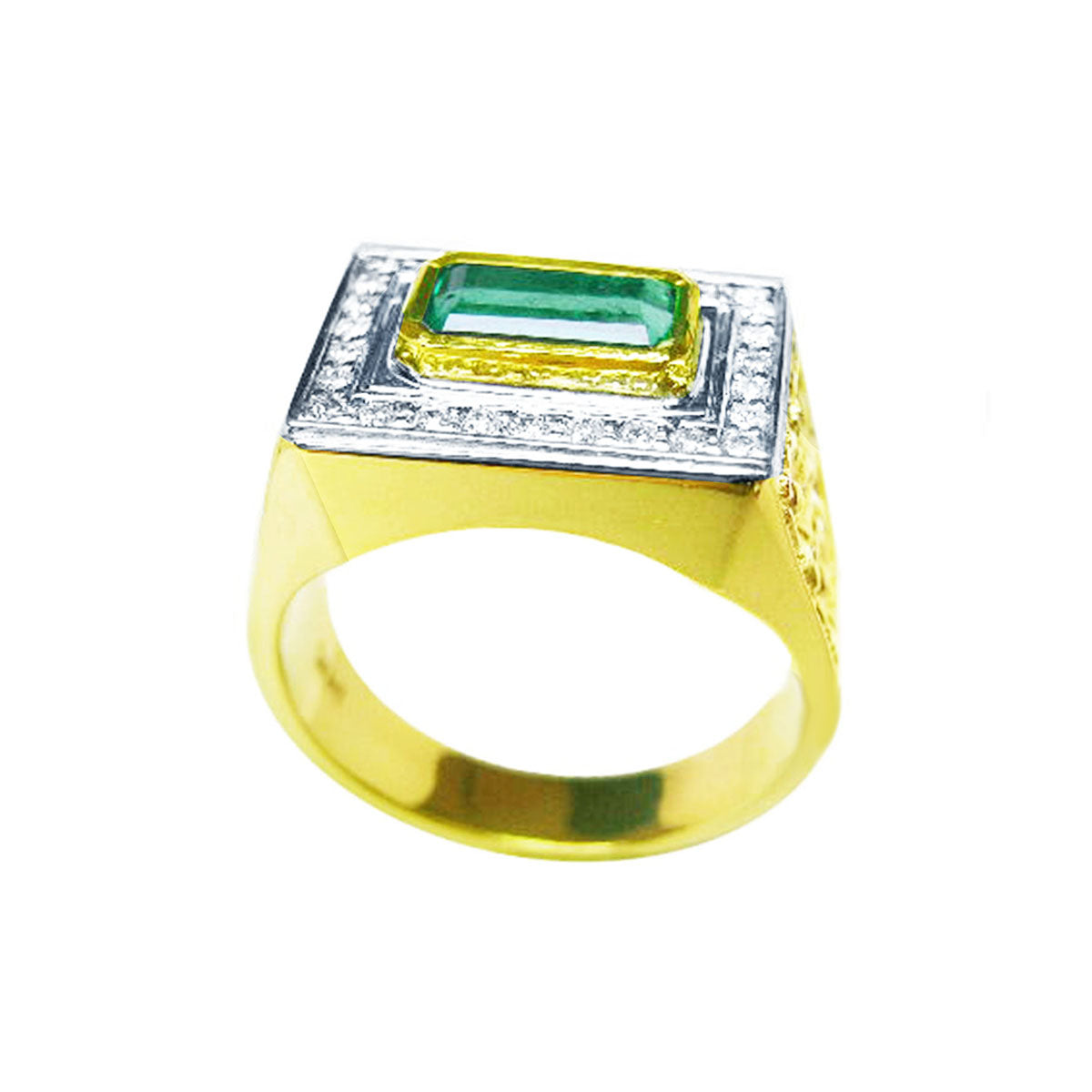 Men's Emerald Gemstone Ring 14K Yellow Gold Father’s Day gift floral design bezel set
