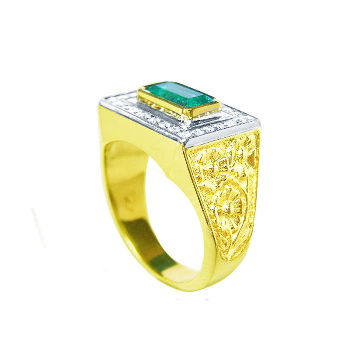 Men&#39;s Emerald Gemstone Ring 14K Yellow Gold Father’s Day gift floral design bezel set