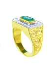 Men's Emerald Gemstone Ring 14K Yellow Gold Father’s Day gift floral design bezel set