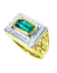 A men’s 14k gold ring featuring a natural Colombian emerald in a bezel setting, accented with sparkling diamonds around the gemstone.