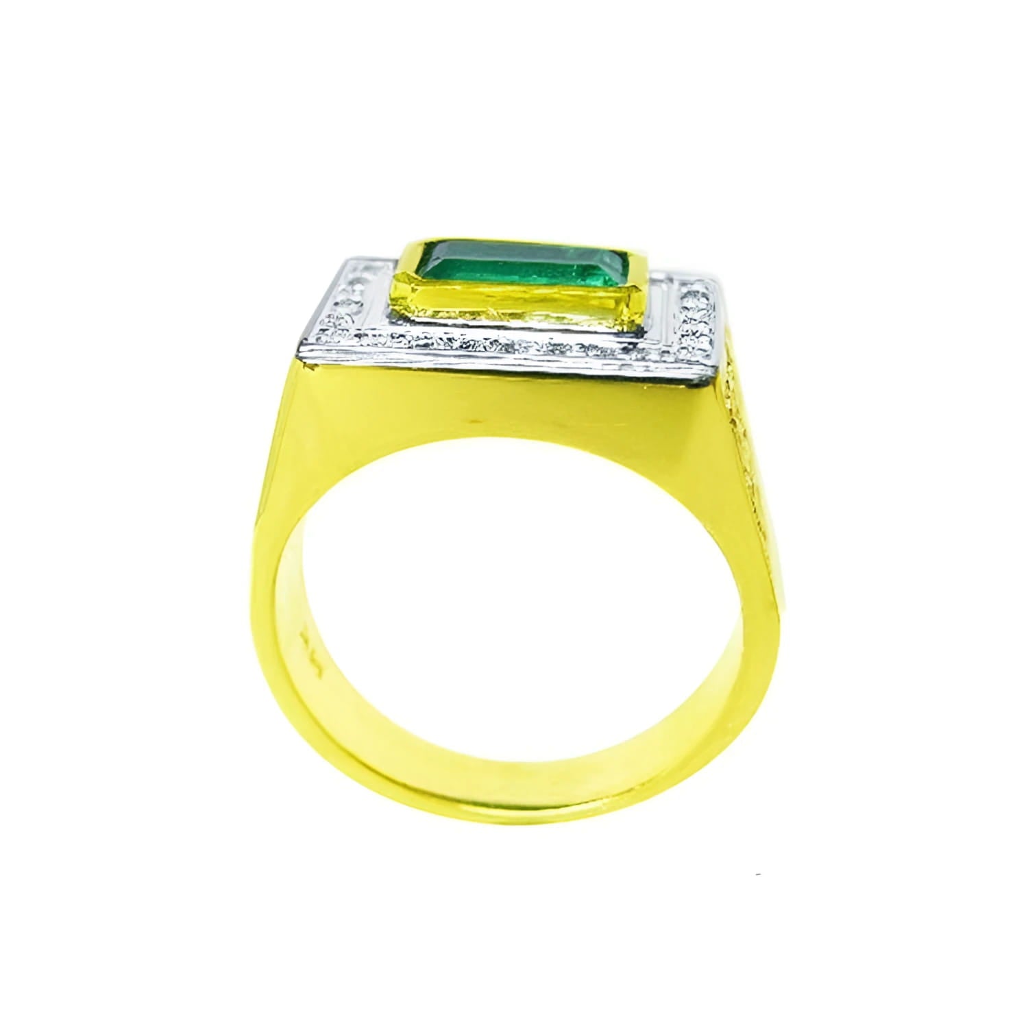 Men's 14K yellow gold ring with a bezel-set emerald gemstone and prong-set diamonds.