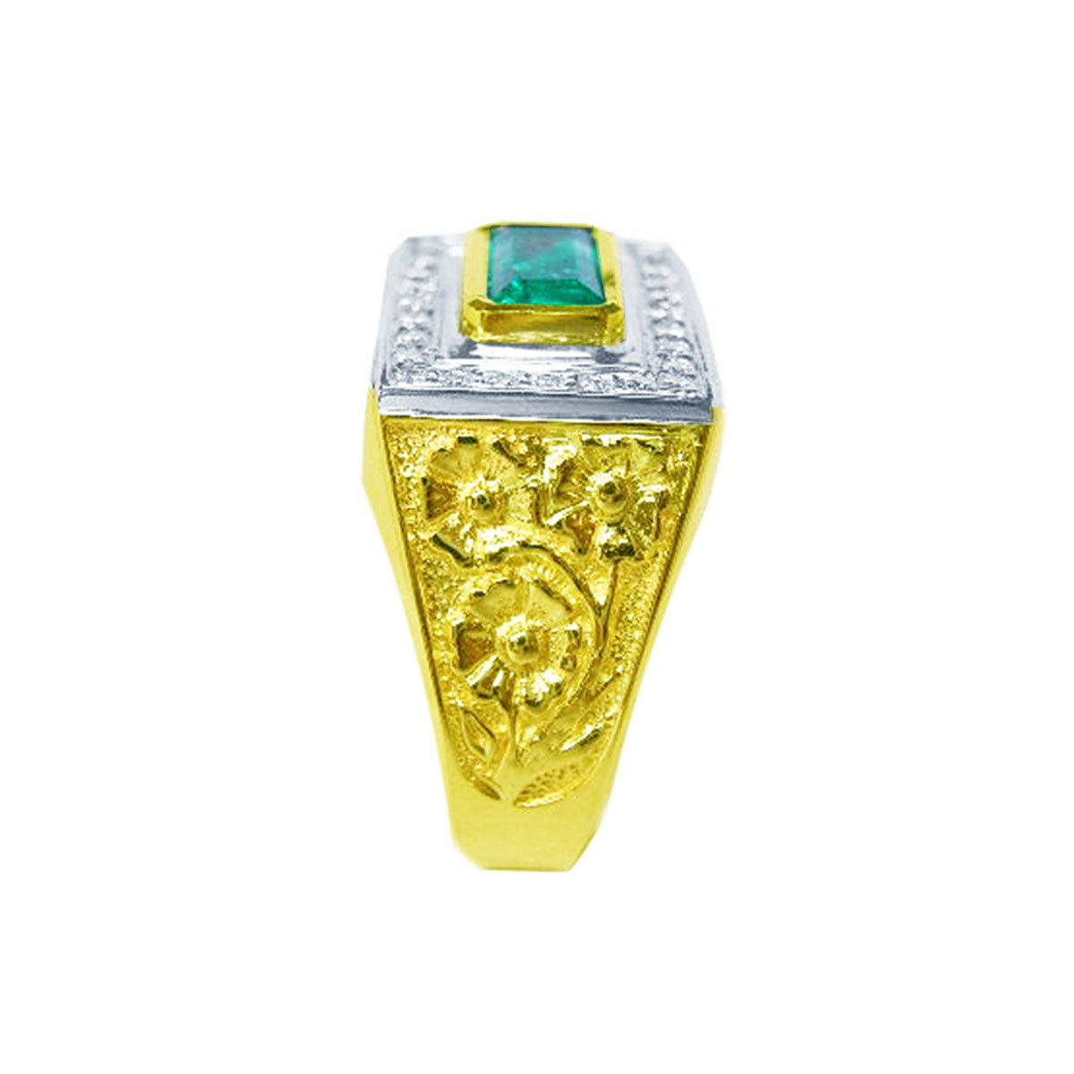 The side profile view of a yellow gold men&#39;s emerald ring with diamonds accent displaying the top and side design.