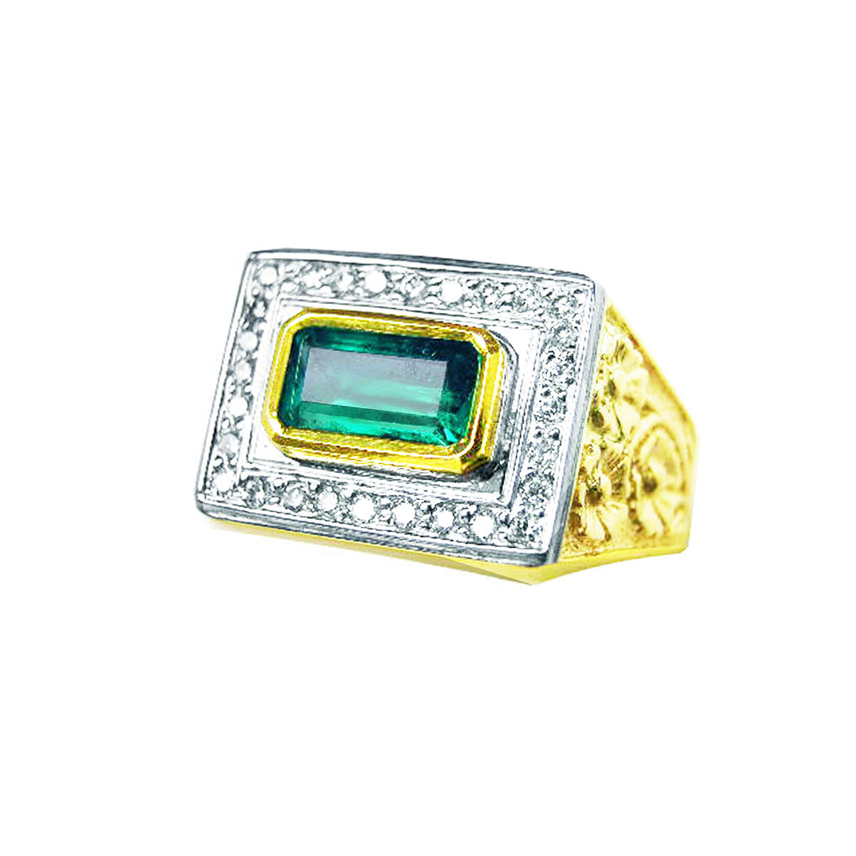 Gold and white ring for men with a natural emerald on a white background