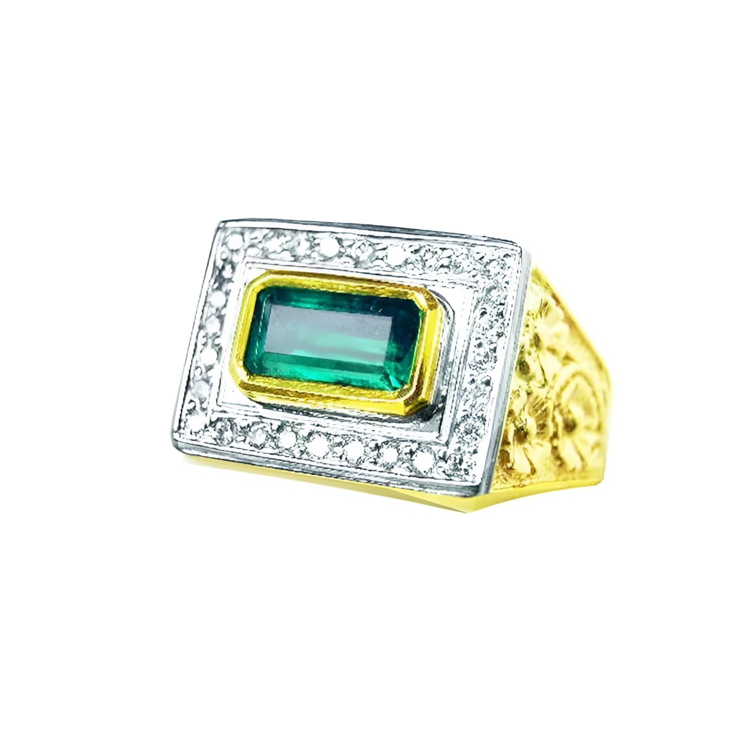 Men's 14K yellow gold ring with a rectangular bezel-set emerald surrounded by prong-set diamonds.