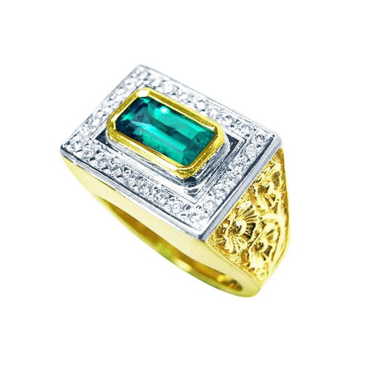 A men's gold ring with a natural colombian emerald and diamond accents on a top and side view profile.