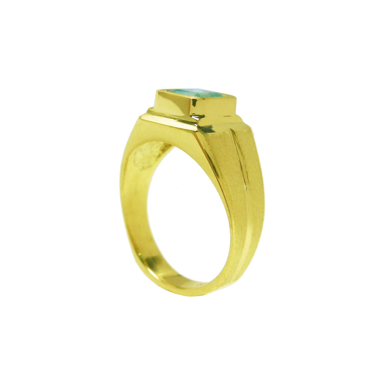 A men&#39;s emerald pinky ring in yellow gold displaying the top bezel setting and partial sides profile.