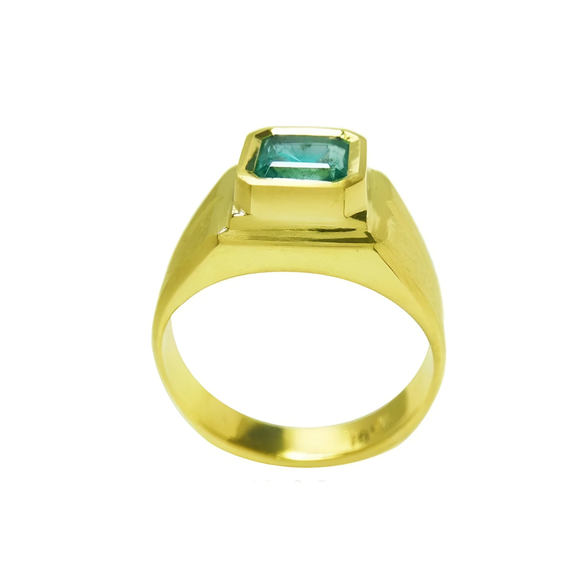 Men's 18K yellow gold pinky ring with a bezel-set, square-cut Colombian emerald.