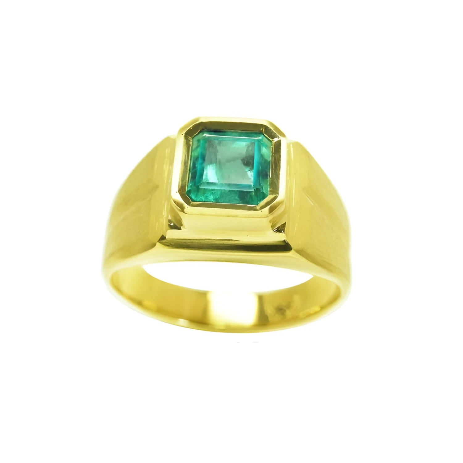 Men's 18K yellow gold pinky ring with a bezel-set, square-cut green emerald.