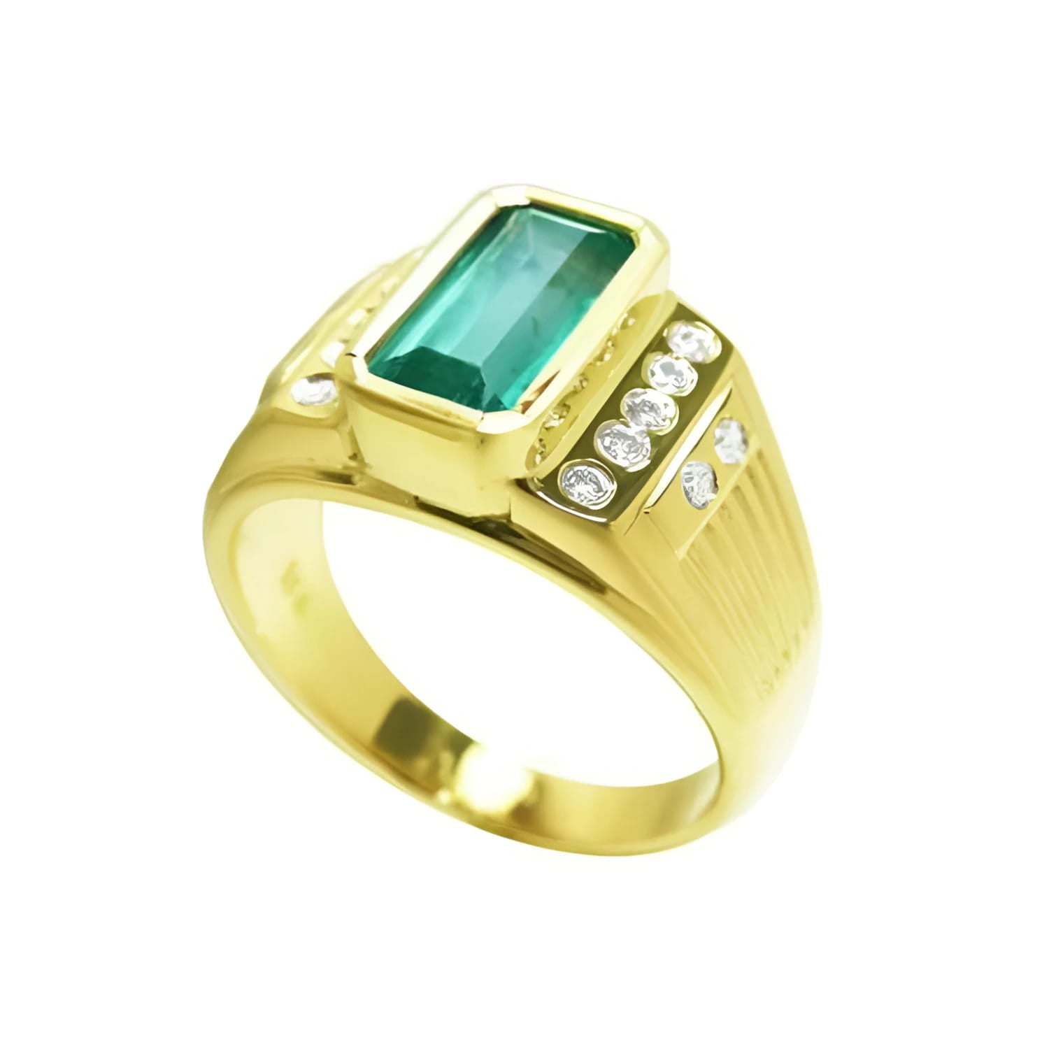 Men's 14K yellow gold ring with a rectangular Colombian emerald bezel set, flanked by burnish set diamonds.