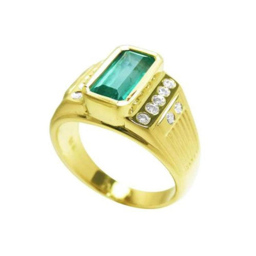 Men's 14K yellow gold ring with a rectangular Colombian emerald bezel set, flanked by burnish set diamonds.