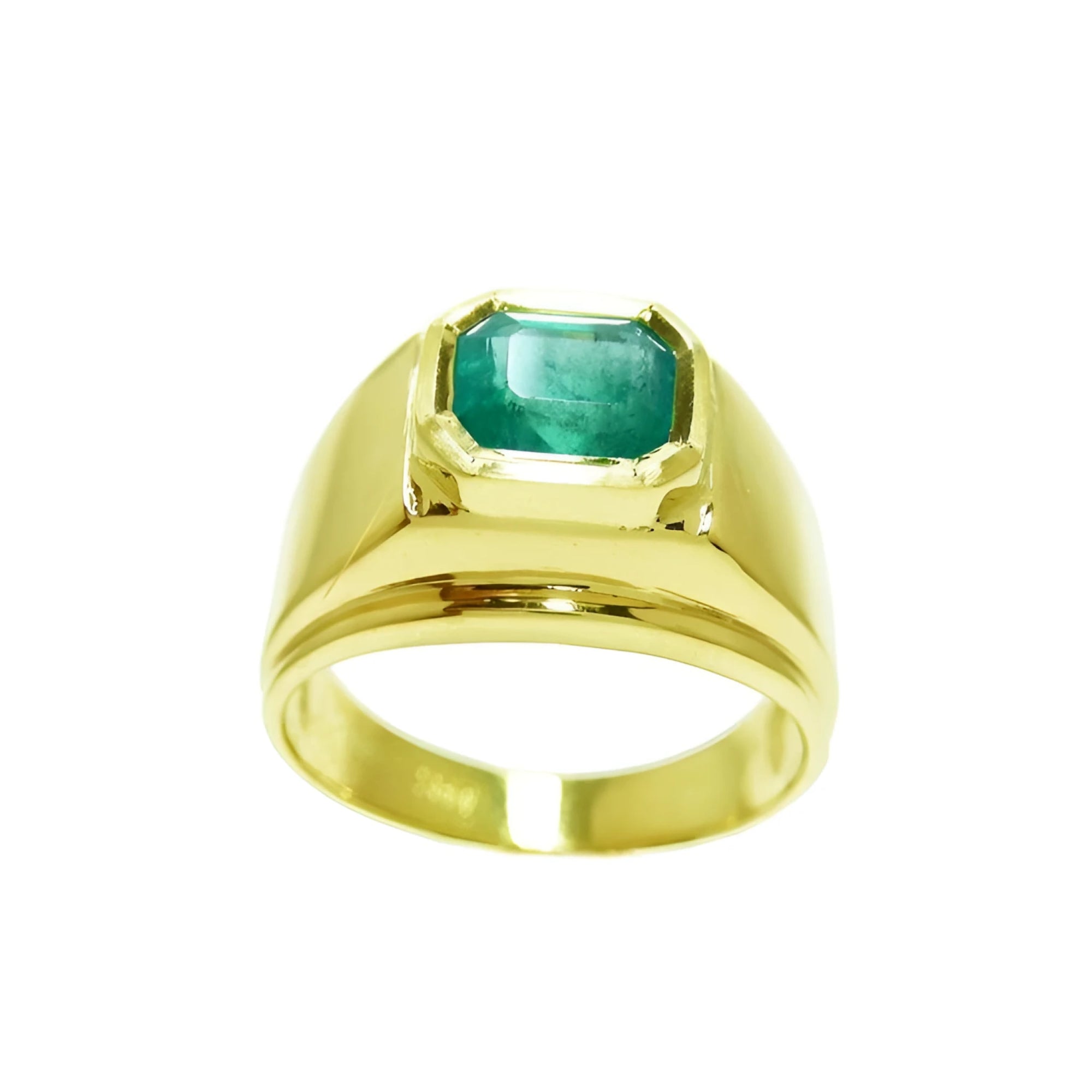 Men's 14K yellow gold solitaire ring with a bezel-set, rectangular, medium green emerald.