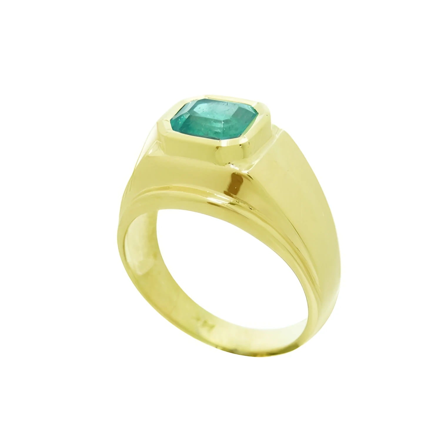 Men's 14K yellow gold solitaire ring with a bezel-set, medium green emerald.
