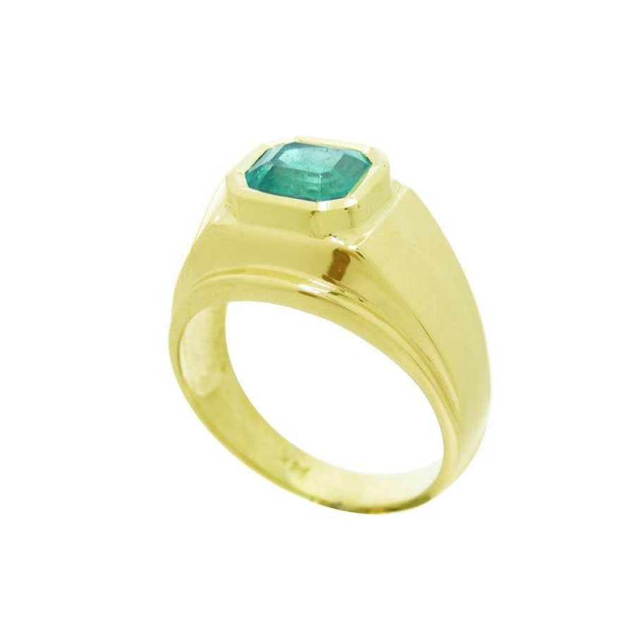 Men's 14K yellow gold solitaire ring with a bezel-set, medium green emerald.
