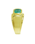 A men's emerald solitaire ring in yellow gold displaying its top and side profile band design.