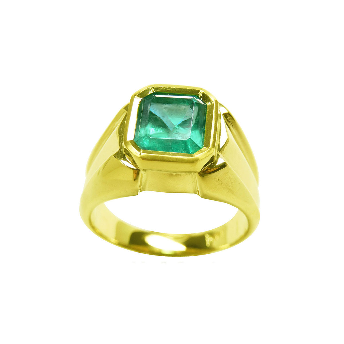 Natural Emerald Solitaire Ring for Men 14K Yellow Gold Bezel set