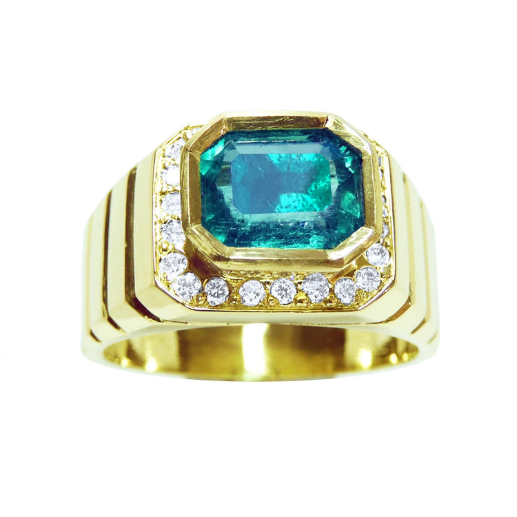 Men’s emerald rings for sale in USA 2.52 carats sparkling medium deep bluish green crafted in 18k yellow gold