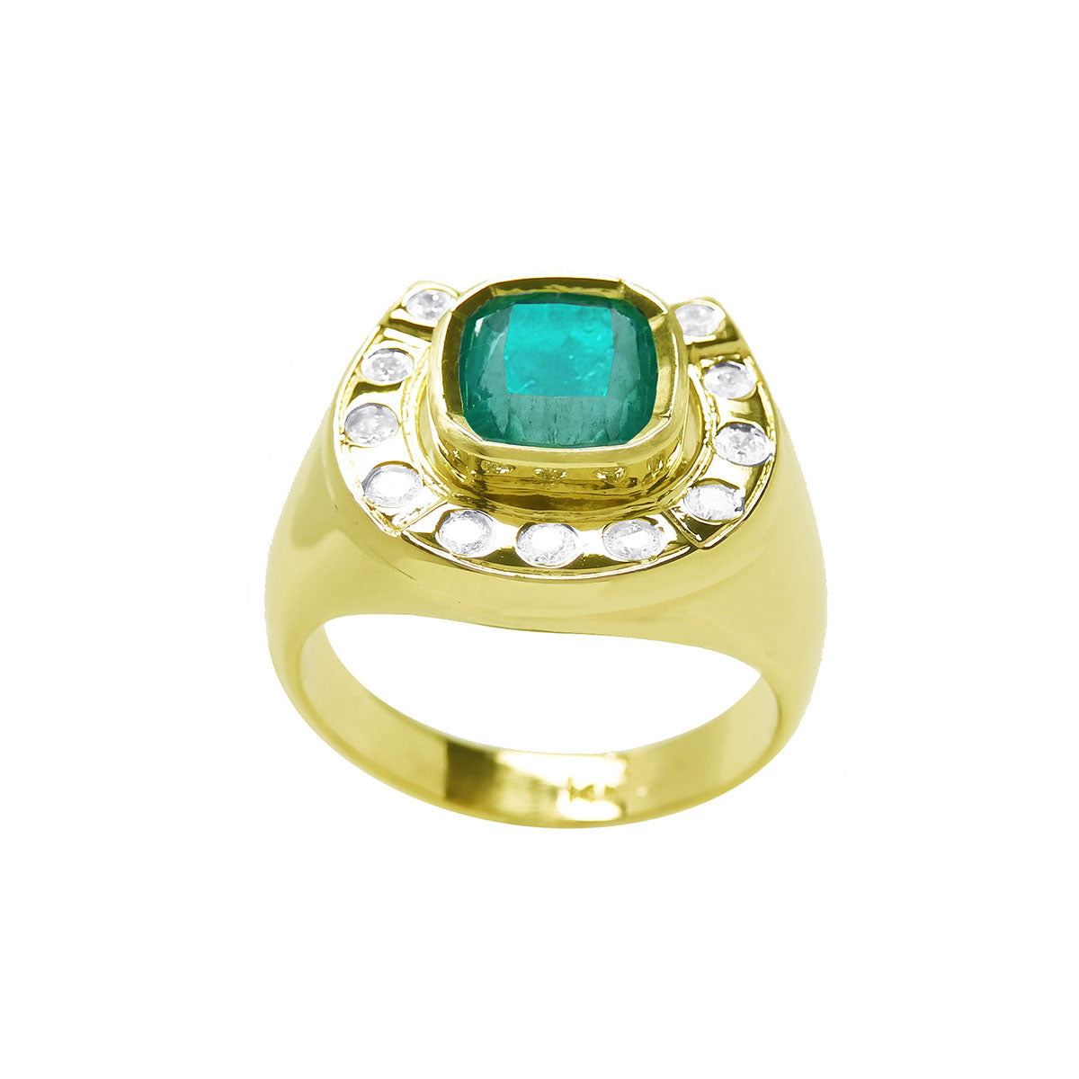 The top profile view of a men's horseshoe emerald ring with accent diamonds in yellow gold.