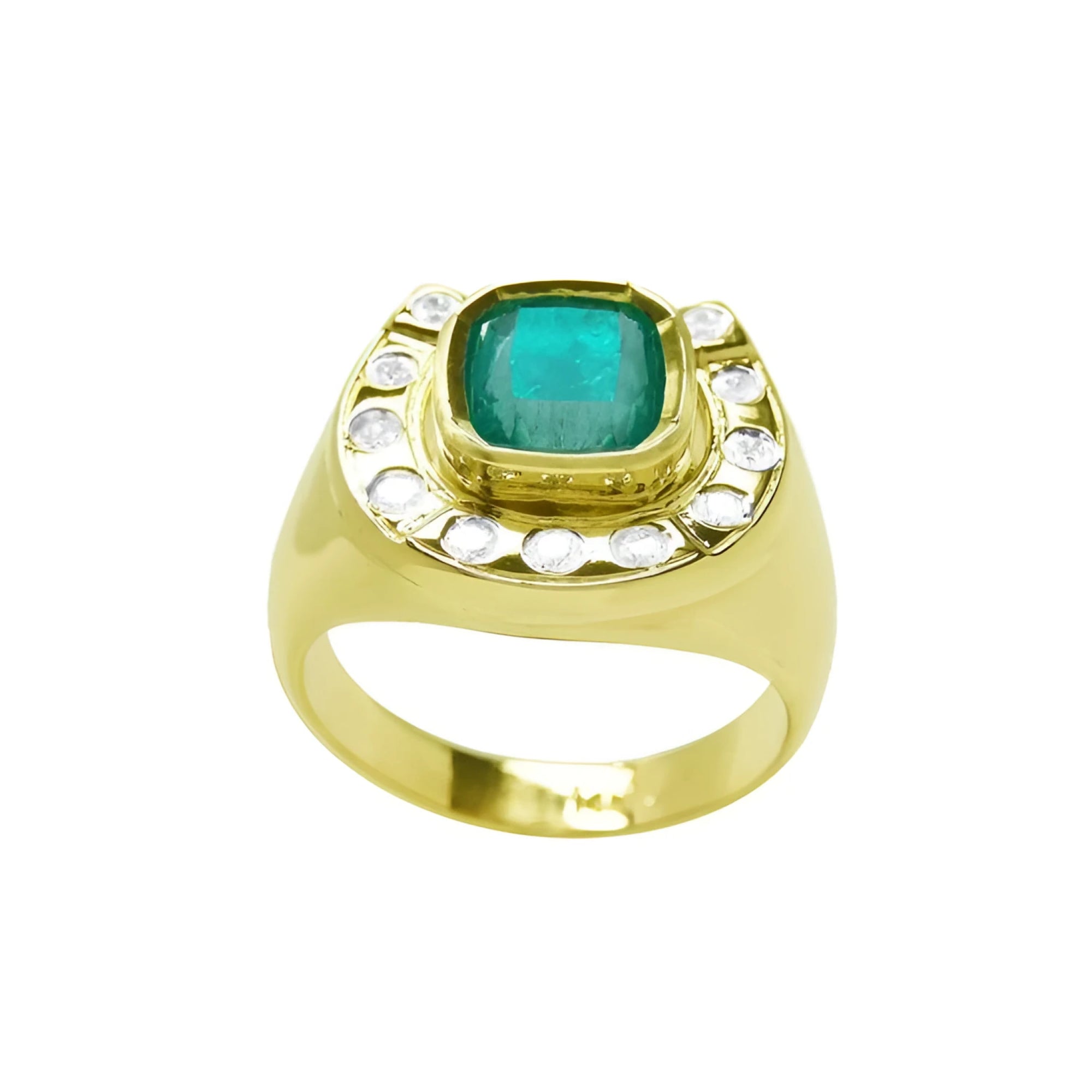 Men's 14K yellow gold ring with a cushion-cut emerald and diamond-studded horseshoe design.