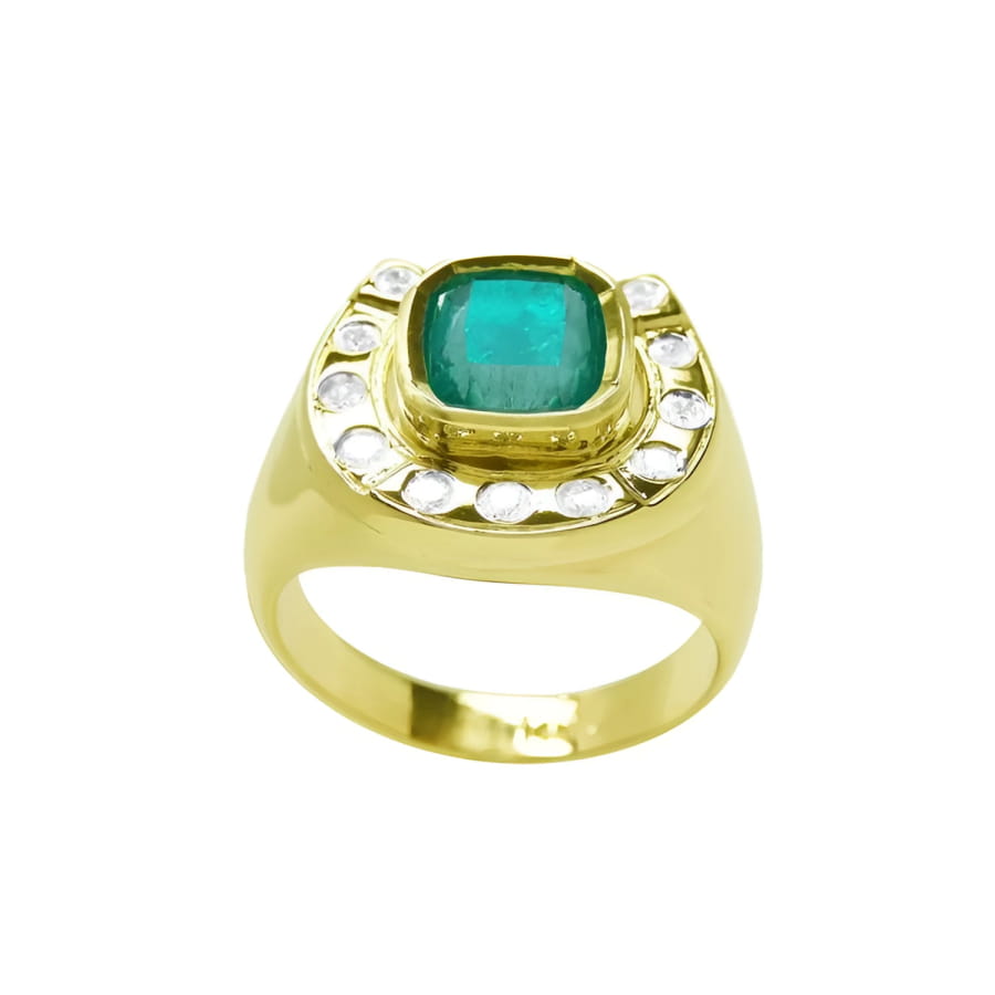 Men's 14K yellow gold ring with a cushion-cut emerald and diamond-studded horseshoe design.