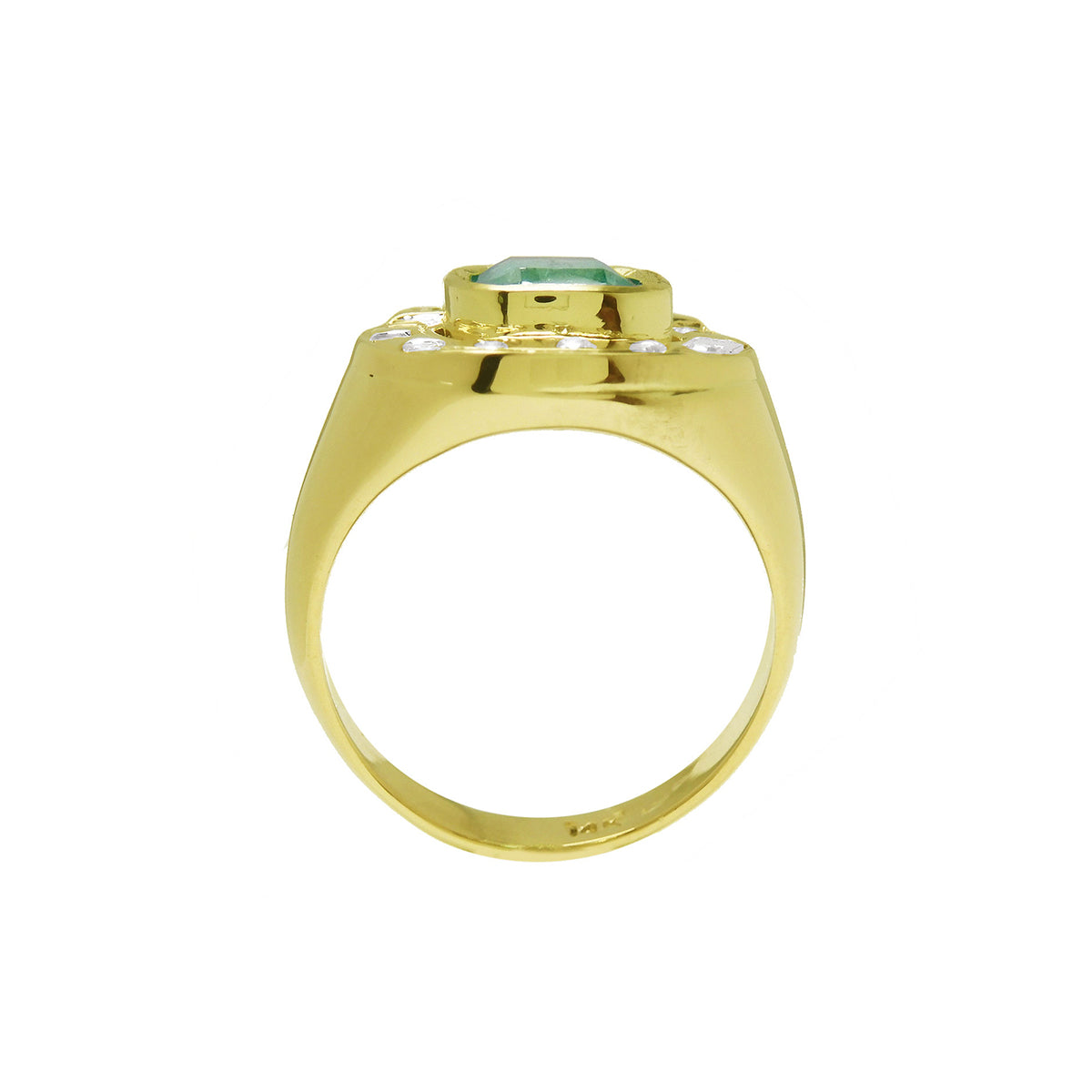 The lateral profile view of a horseshoe men&#39;s emerald ring, top setting and band design visibles.