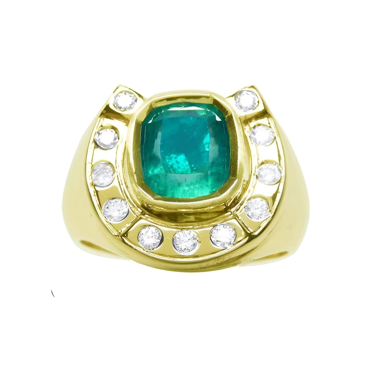 A 14k gold ring for men horseshoe design with a natural colombian emerald and accent diamonds.