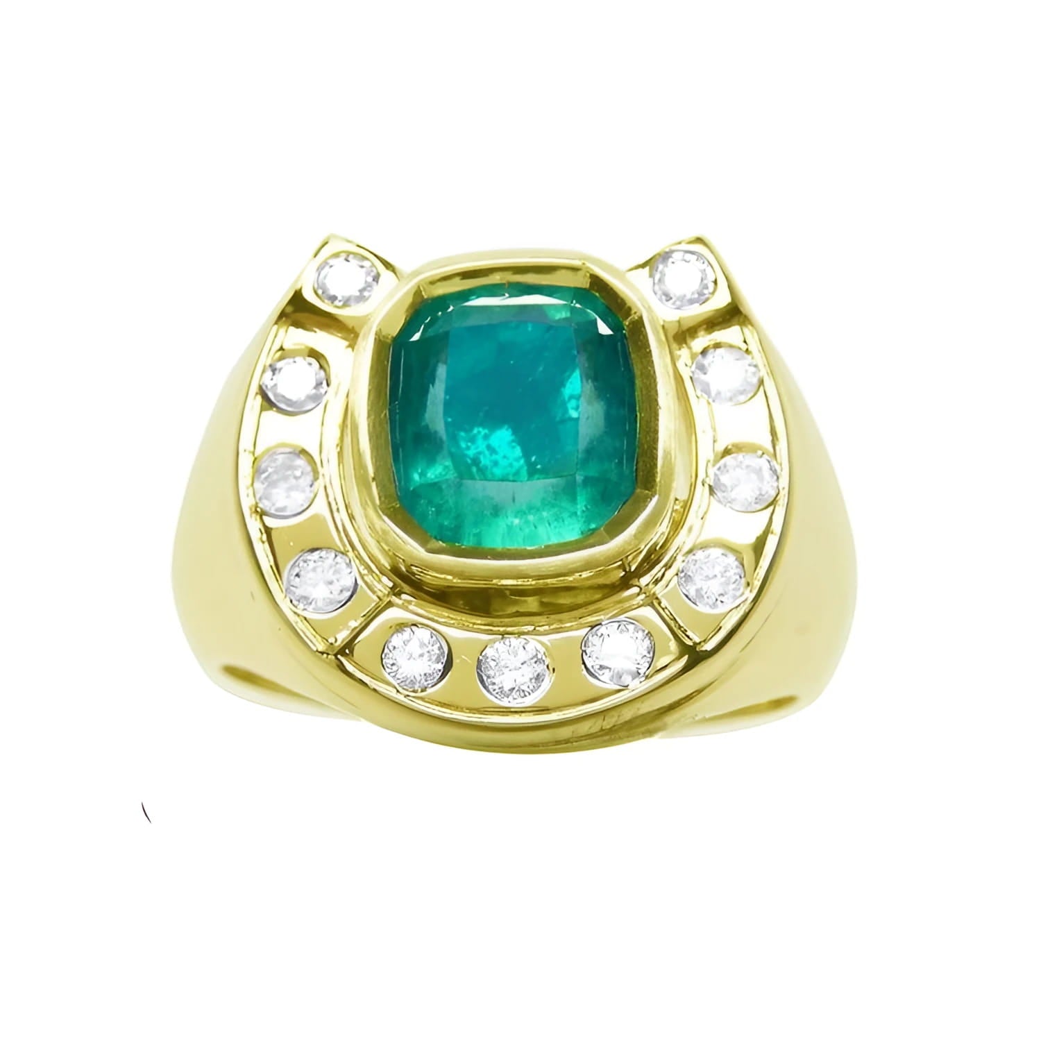 A 14k gold ring for men horseshoe design with a natural colombian emerald and accent diamonds.