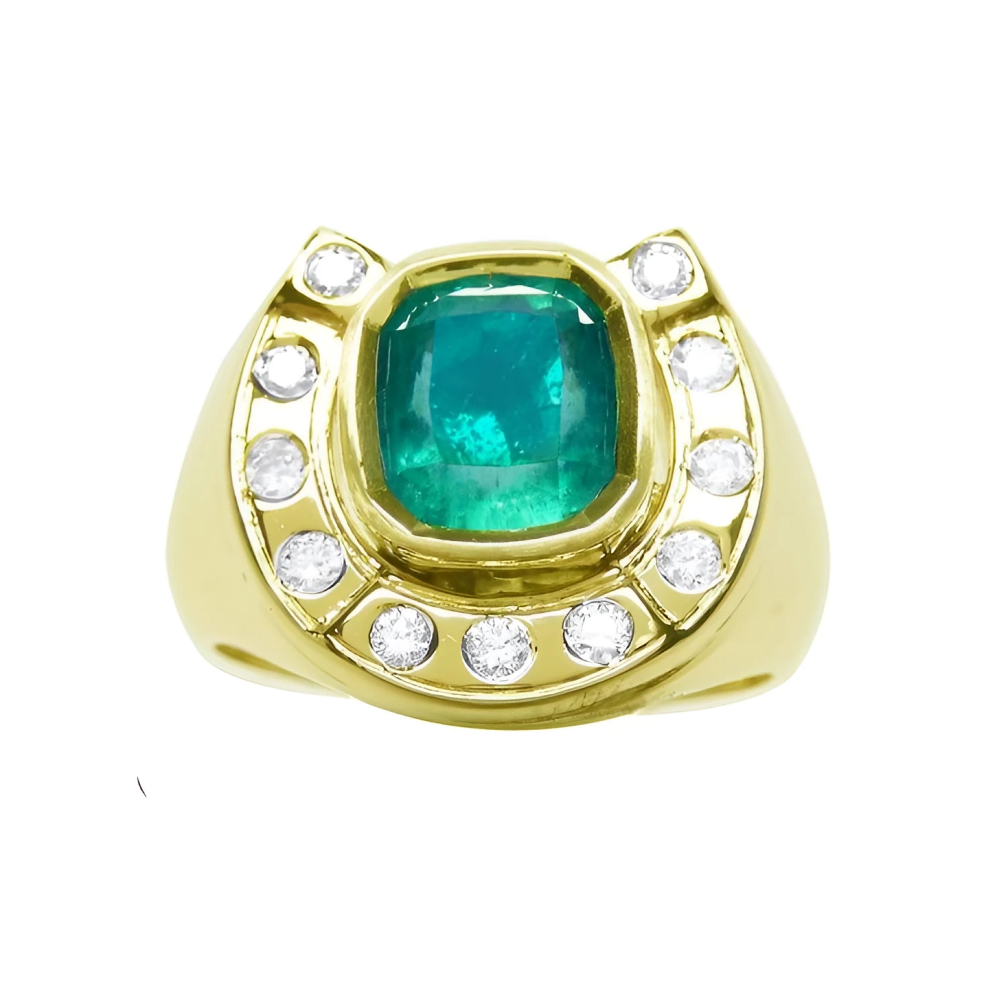 A 14k gold ring for men horseshoe design with a natural colombian emerald and accent diamonds.