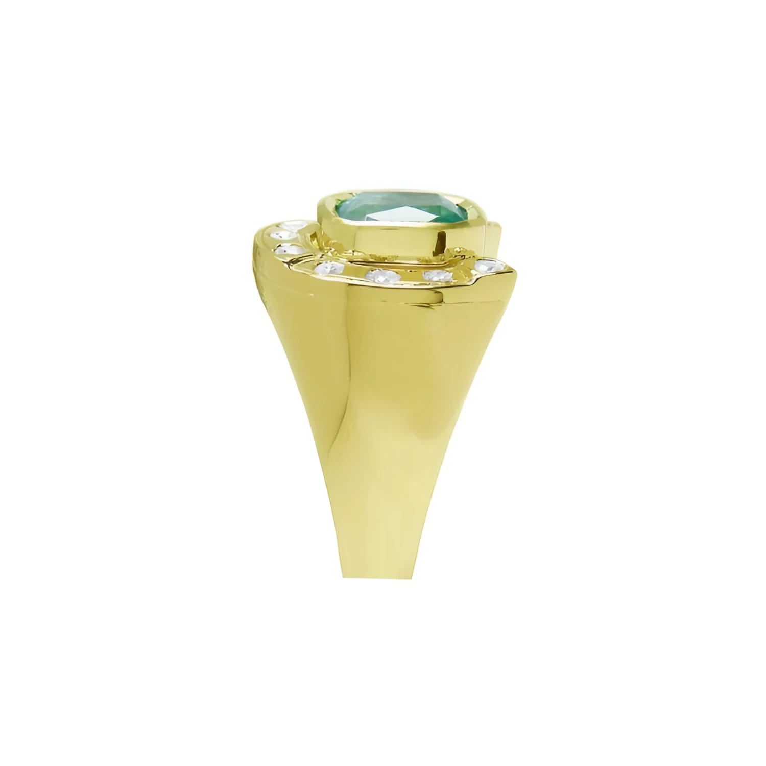 Men's 14K yellow gold horseshoe ring with cushion cut emerald and burnish set diamonds.