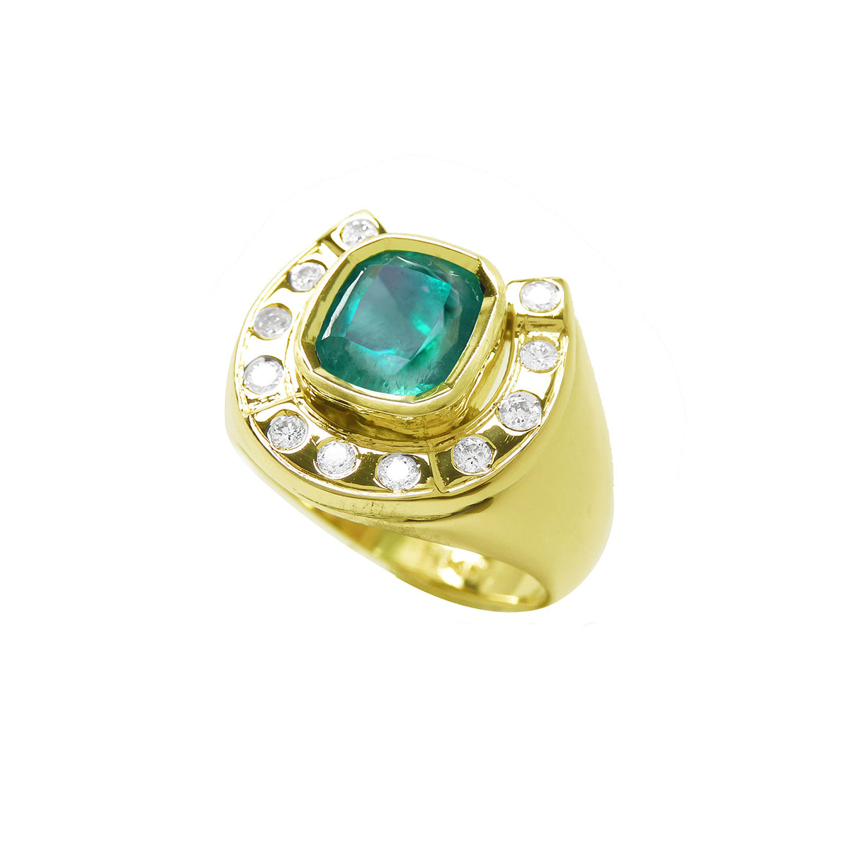 Gold horseshoe ring with a natural colombian emerald and diamond accents on a tilted position topside view.