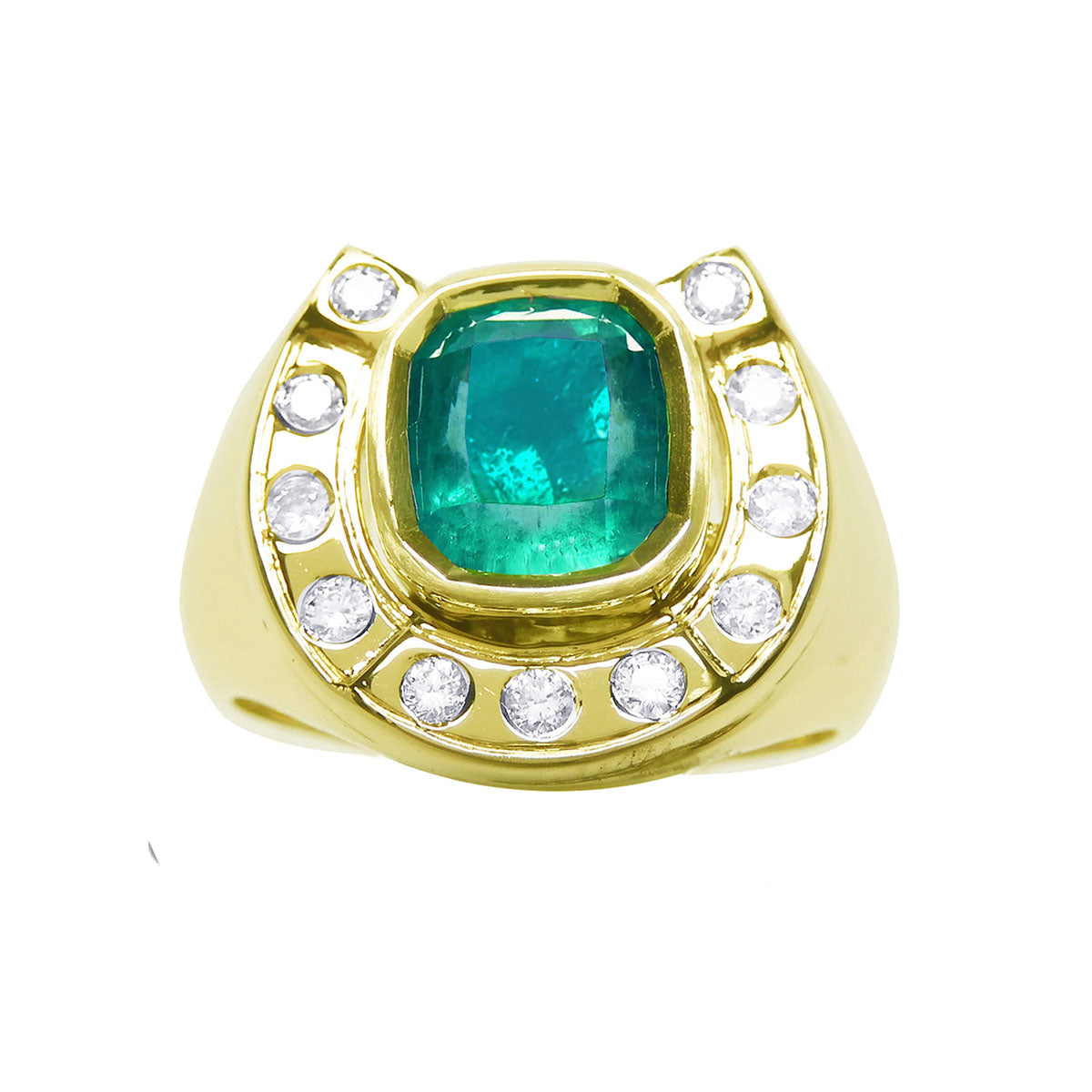 A gold ring for men horseshoe design with a natural colombian emerald and accent diamonds on a topside position.