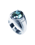 Men's natural Australian sapphire ring oval cut prong set 14K white gold, top shoulders and shank perspective half side