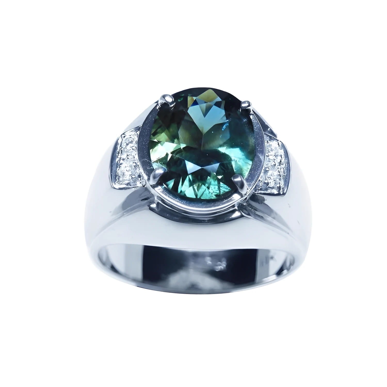 Men's 14K white gold ring with a large oval greenish-blue sapphire and diamond accents.