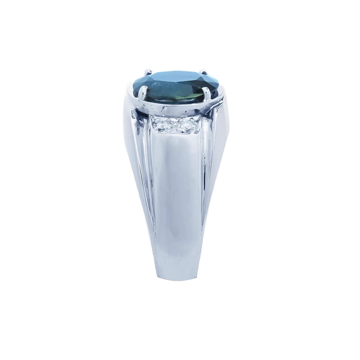 Men's 14K white gold ring with a large oval-cut greenish-blue sapphire and diamond accents.