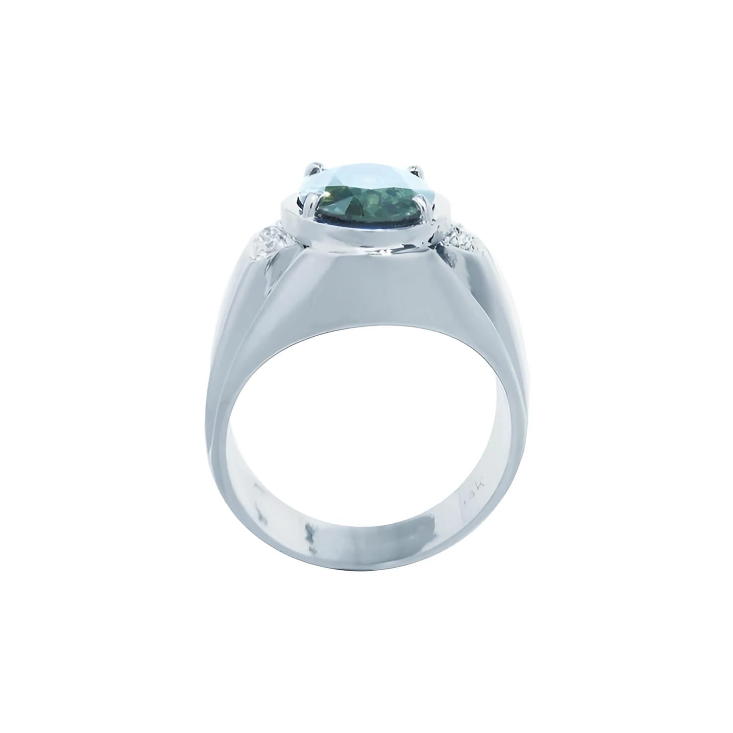 Men's 14K white gold ring with a deep greenish-blue oval sapphire and diamond accents.
