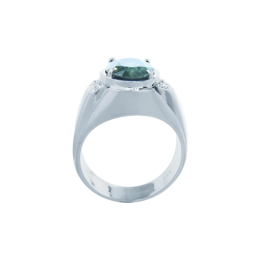 Men's 14K white gold ring with a deep greenish-blue oval sapphire and diamond accents.