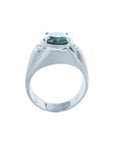Men's natural Australian sapphire ring oval cut prong set 14K white gold, lateral tall top setting view
