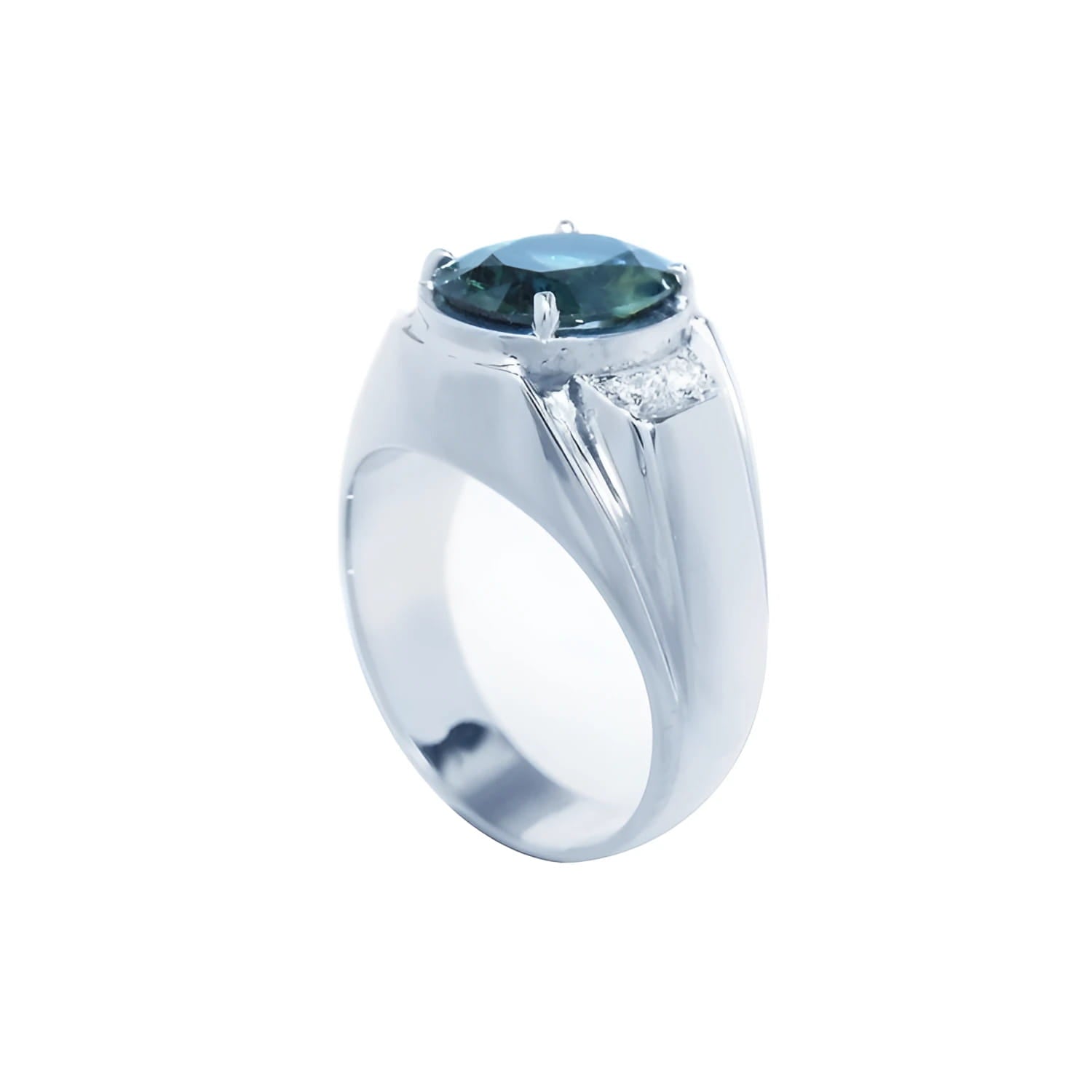 Men's 14K white gold ring with a deep greenish-blue oval cut Australian sapphire and diamond accents.