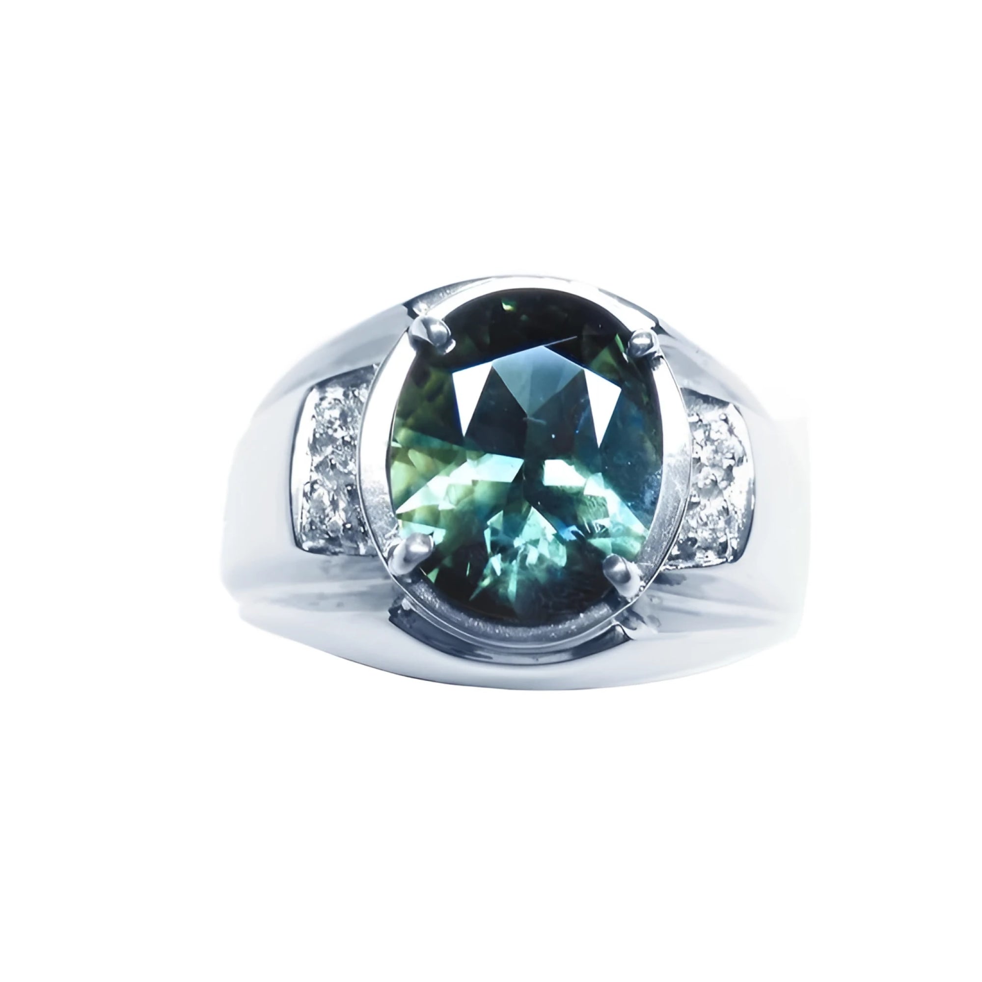 Men's 14K white gold ring with a large oval-cut greenish-blue sapphire and diamond accents.