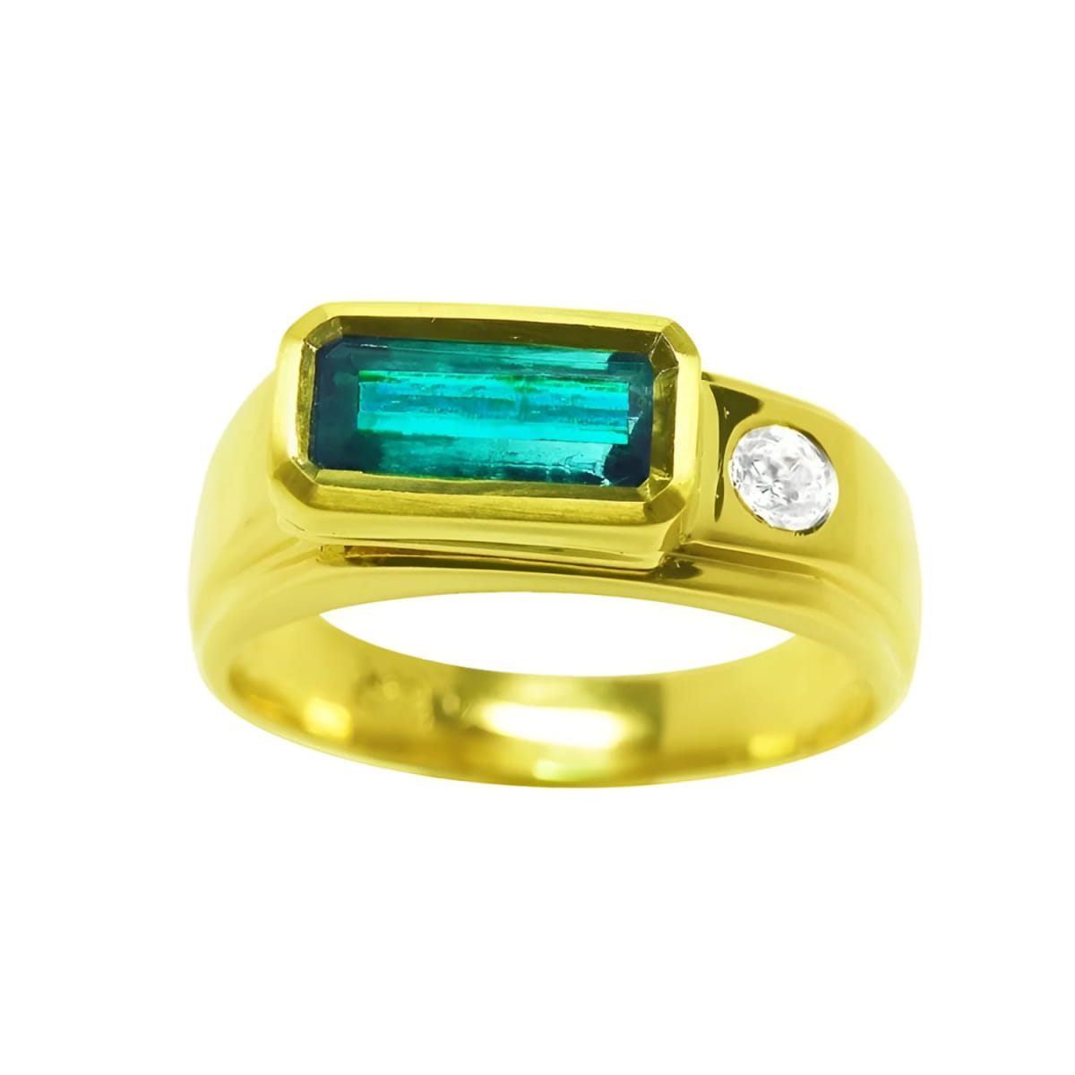 A 14k yellow gold men's ring with a rectangular natural colombian emerald bezel set and accent by a single diamond.